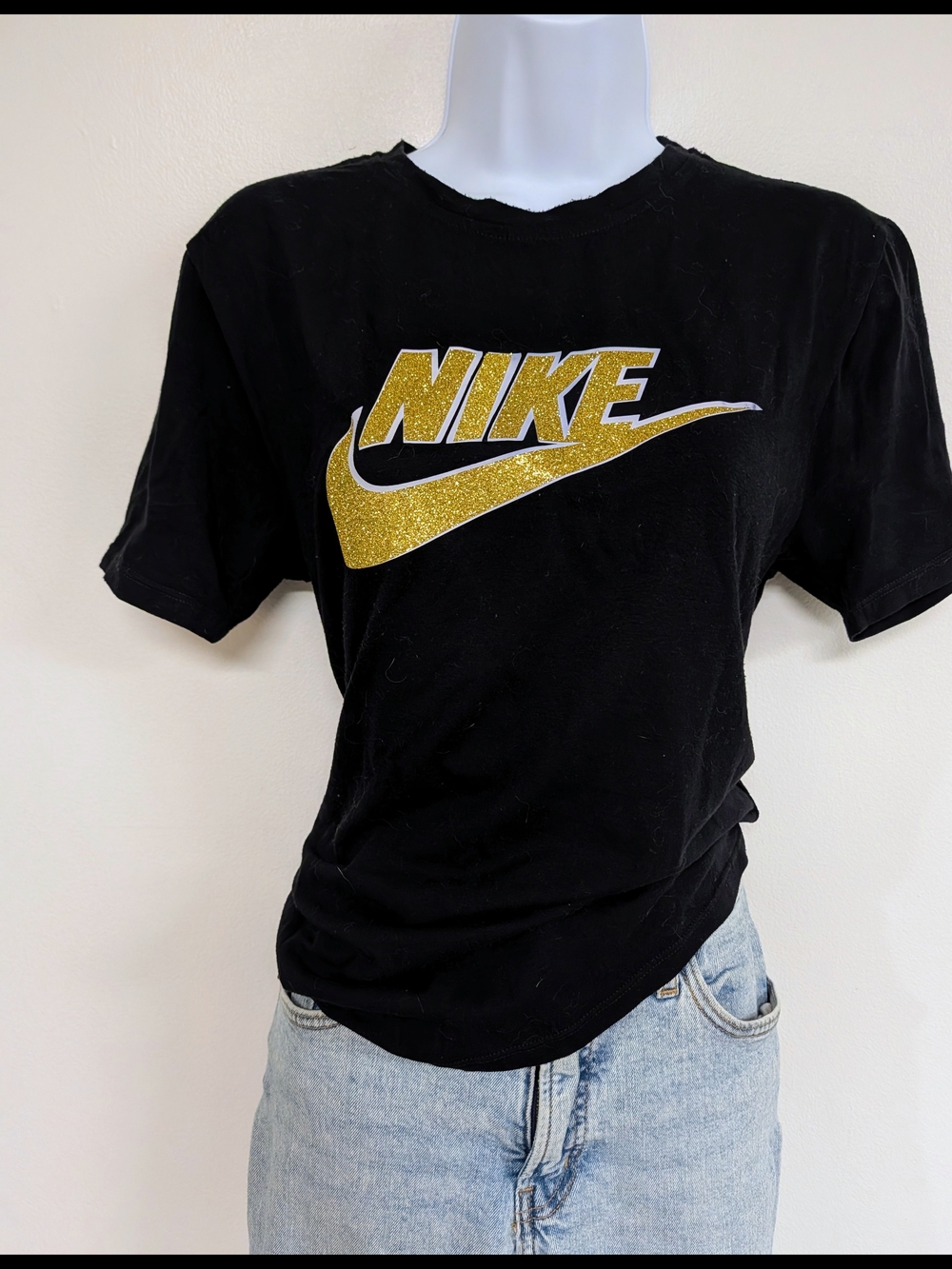Nike Black Tee with Gold Glitter Swoosh
